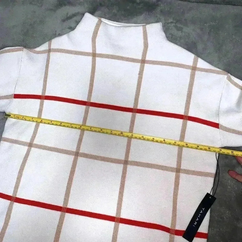 TAHARI Grid Pattern Sweater WHITE, BROWN AND RED LINES COLOR, Size M mockneck.